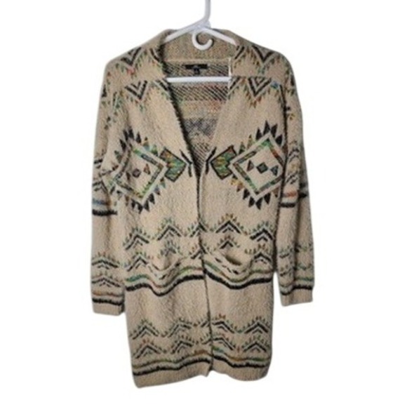 MM by My Michelle Sweaters - MM by My Michelle Southwestern Eyelash Knit Long Cardigan Sweater Beige Aztec